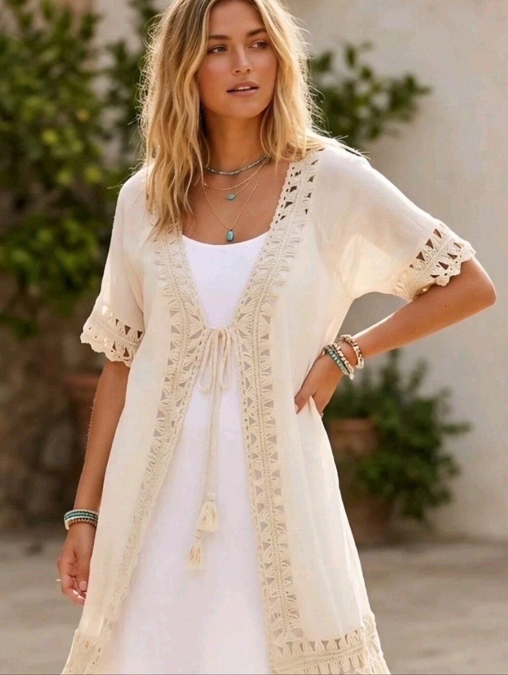 Boho Tan Crochet Fringe Cardigan Beach Coverup Tassels Cottagecore Festival S